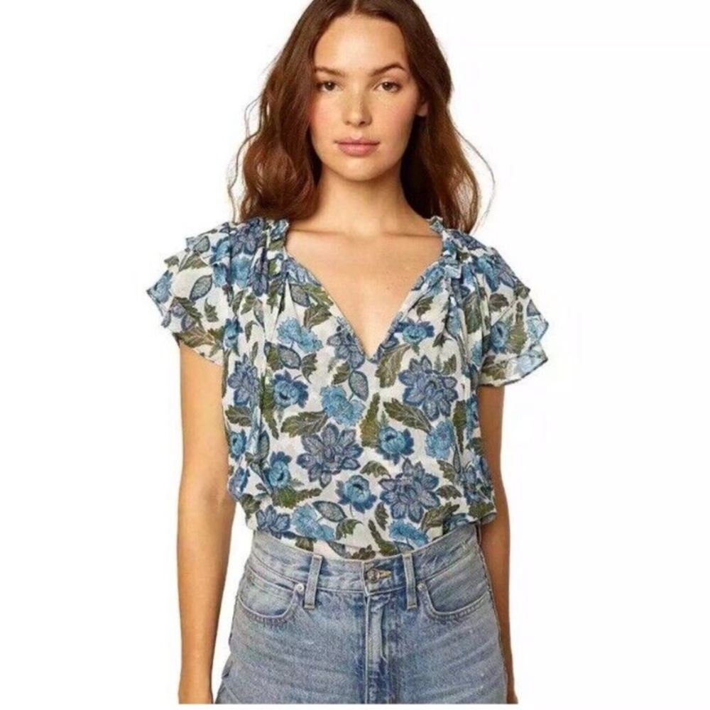 Misa Los Angeles Maria Floral Flutter Sleeve Keyhole Blouse Flora Azulia M